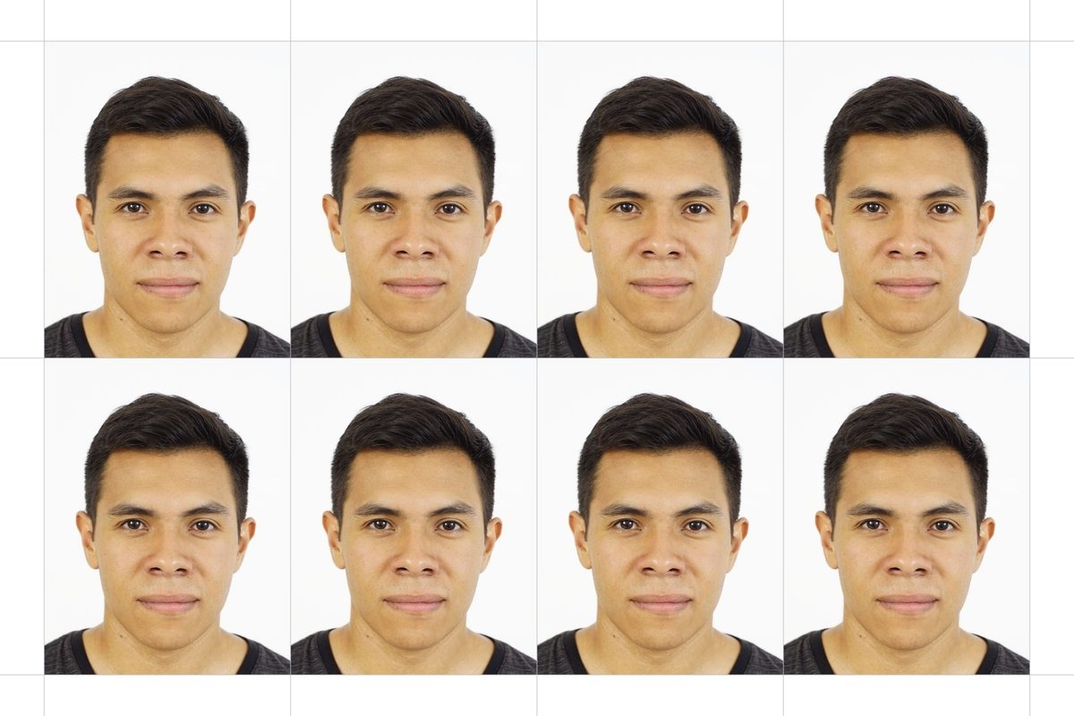 A 4 x 6 inch white sheet holding 8 copies of the 35 x 45 mm portrait, separated by thin grey cut lines
