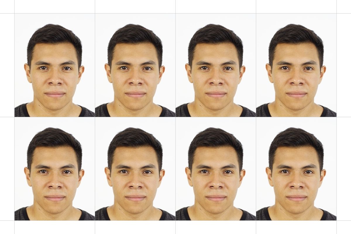 A 4 x 6 inch white sheet holding 8 copies of the 35 x 45 mm portrait, separated by thin grey cut lines