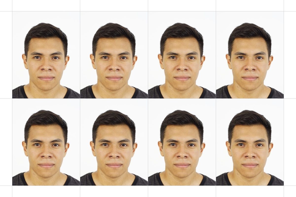 A 4 x 6 inch white sheet holding 8 copies of the 35 x 45 mm portrait, separated by thin grey cut lines