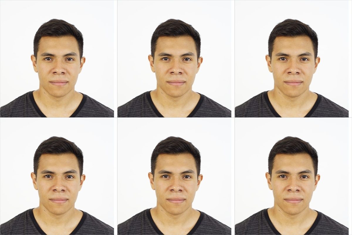 A 4 x 6 inch white sheet holding 6 copies of the 2 x 2 in (51 x 51 mm) portrait, separated by thin grey cut lines